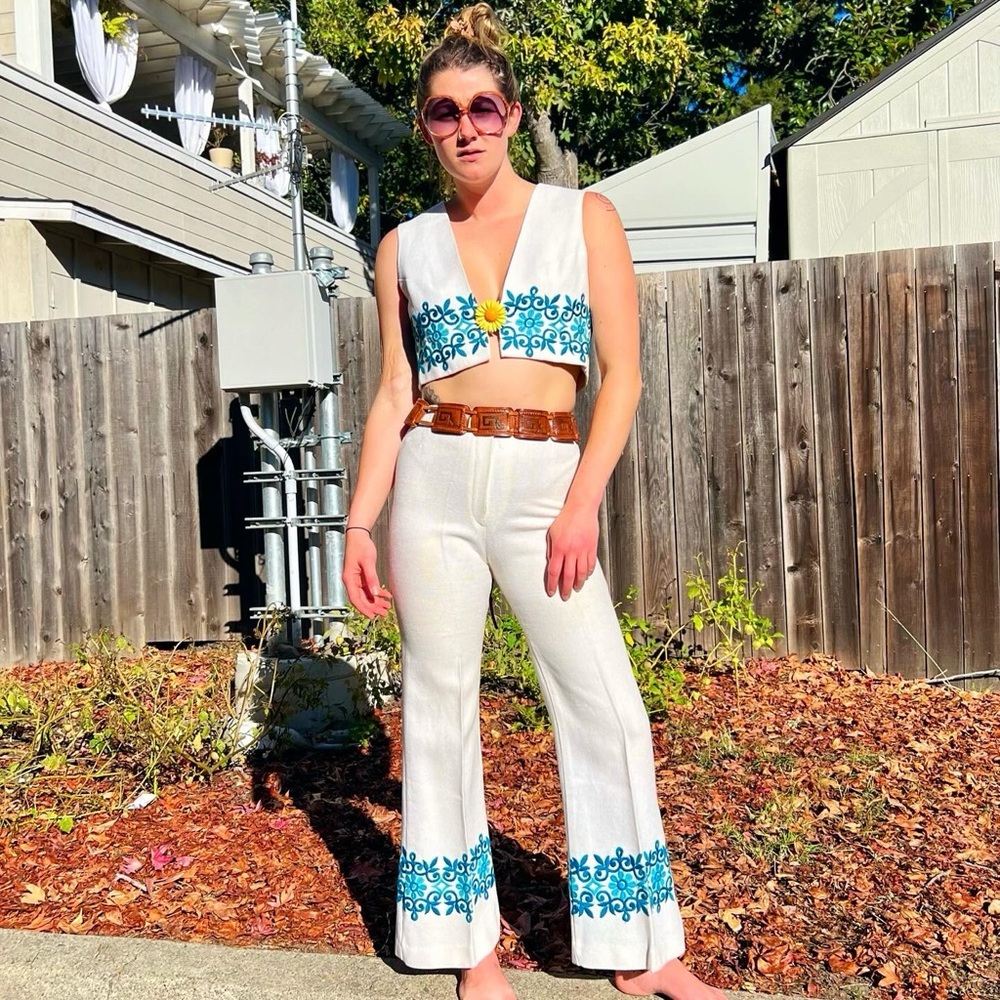 1960's Cotton/Linen Embroidered Vest Flares Ensemble - Picture 1 of 10